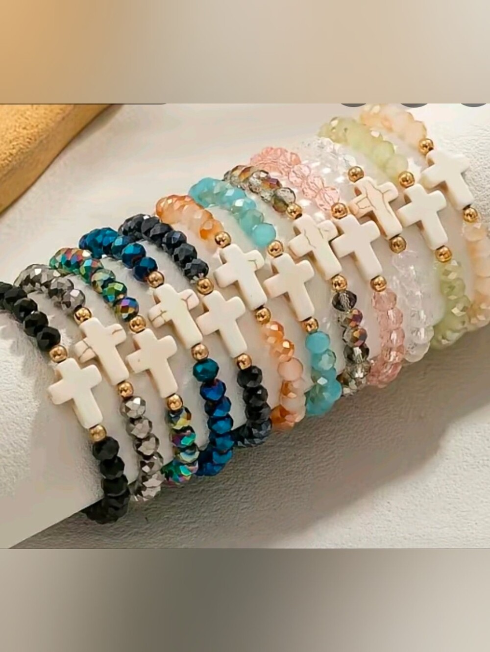Beaded Cross Stretch Bracelet - White Cross with Multicolor Beads Qty 1